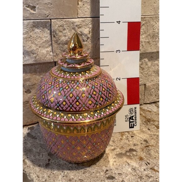 Vintage Thai Benjarong Porcelain  Bowl w/Lid Hand Painted Enamel Pink Gold 4” - Picture 7 of 7